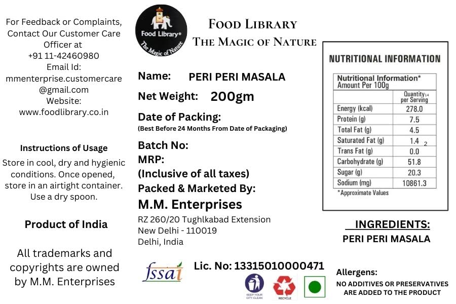 Food Library The Magic Of Nature World Flavours | Epicurean Spices | Global Seasonings | International Spices. (200gm, Peri Peri Masala Seasoning)