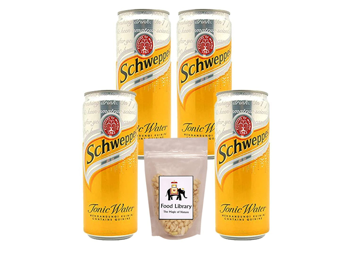 FOOD LIBRARY THE MAGIC OF NATURE Schweppes Tonic Water Can(Imported)320Ml,Pack Of 4 + Food Library Roasted Salted Peanuts,200G
