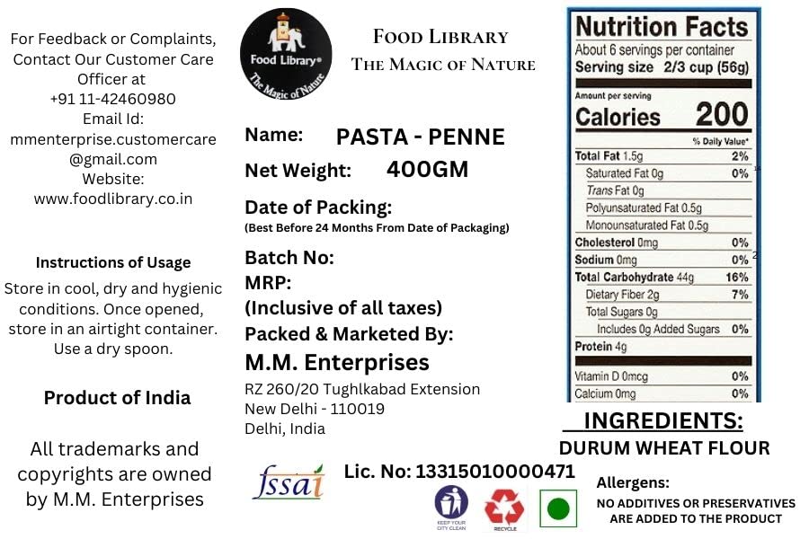 Food Library The Magic of Nature Gluten Free Pasta, 400gm. (400gm, Penne)