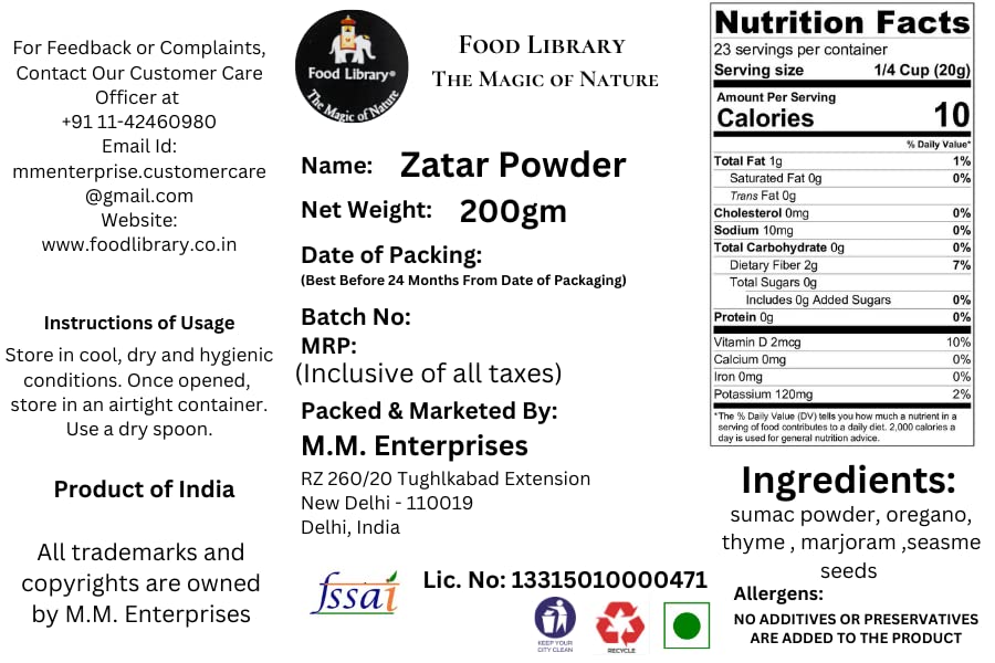 Food Library The Magic Of Nature World Flavours | Epicurean Spices | Global Seasonings | International Spices. (200gm, Middle Eastern Zaatar/Zatar Powder)