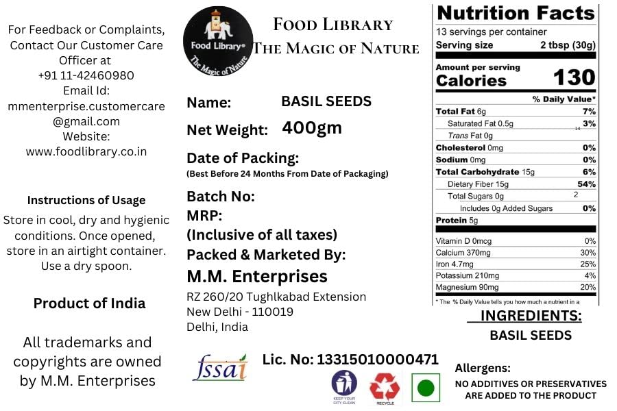 Food Library Basil Seeds, (400g)