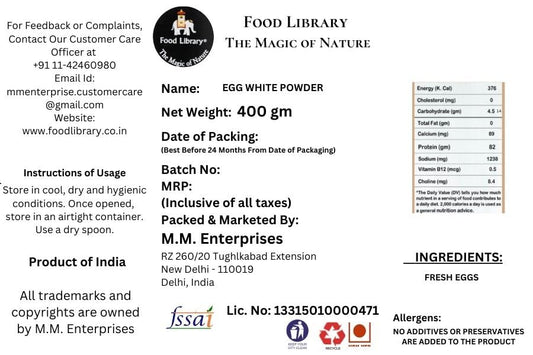 Food Library The Magic Of Nature Premium Egg White Powder - High Protein, Non-GMO, Ideal for Baking and Cooking, 400gm.
