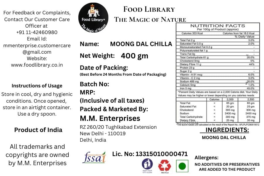 Food Library The Magic of Nature Instant Moong Dal Chilla Mix, 400g