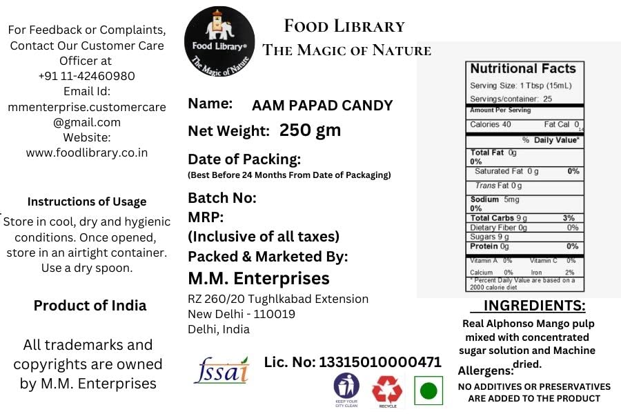 Food Library The Magic Of Nature Mango Tango Aam Papad Delights |Tropical |Exotic |Luscious | Tangy | Candy Treats . (Aam Papad 250g)
