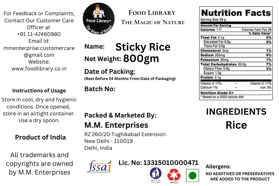 FOOD LIBRARY THE MAGIC OF NATURE Thai Sticky Glutinous Rice, 800 Gram