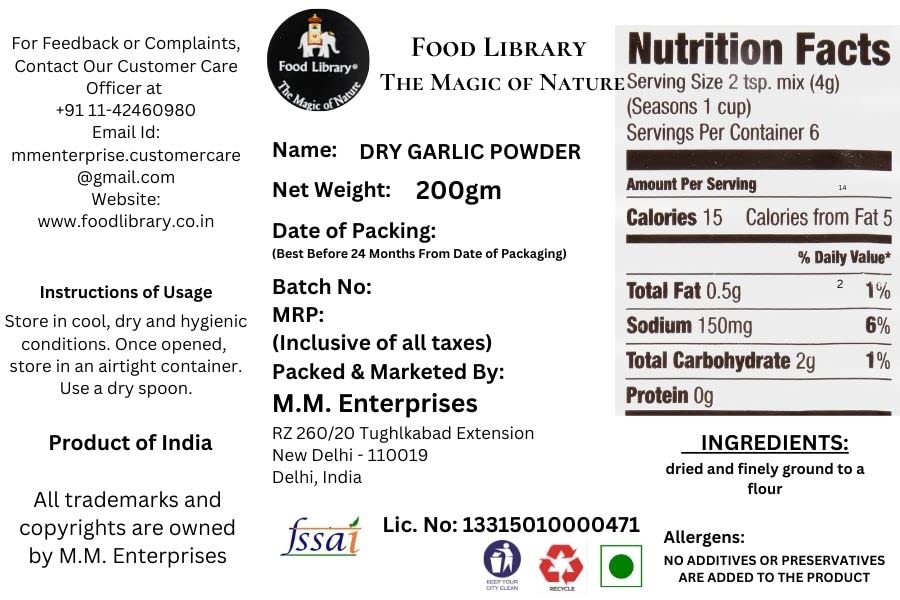 Food Library The Magic Of Nature Authentic Exotic Aromatic Flavourful Indian Spices. (200 gm, Dry Garlic Powder)