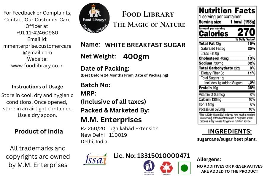 Food Library The Magic of Nature Superfine White Breakfast Sugar, 400 Grams