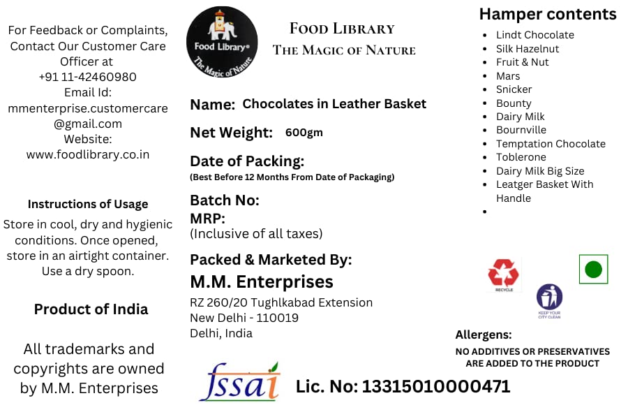 FOOD LIBRARY THE MAGIC OF NATURE Birthday/Anniversary/Christmas/Valentines/Diwali Chocolate Gift Hamper (Chocolates In Leather Basket),600 Gram