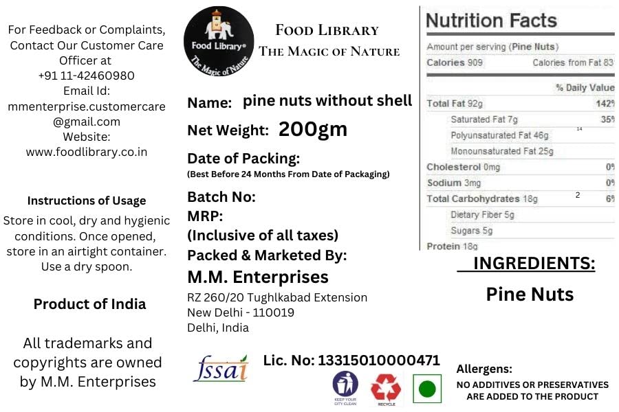 Food Library Afghan Pine Nuts Without Shell - Chilgoja (200 g)