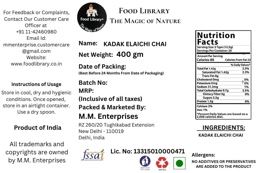 Food Library The Magic of Nature Kadak Elaichi Chai/Cardamom Tea, 400g