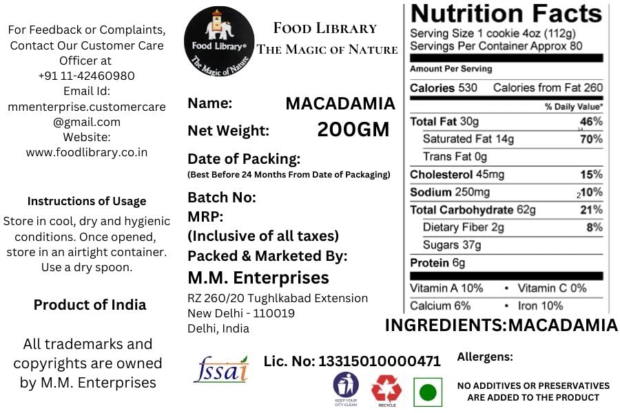 Food Library The Magic of Nature Macadamia Nuts, 200g.