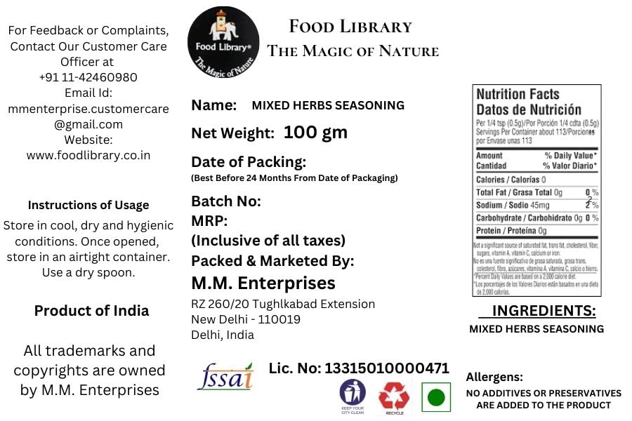 Food Library The Magic of Nature Mixed Herbs Seasoning, 100g