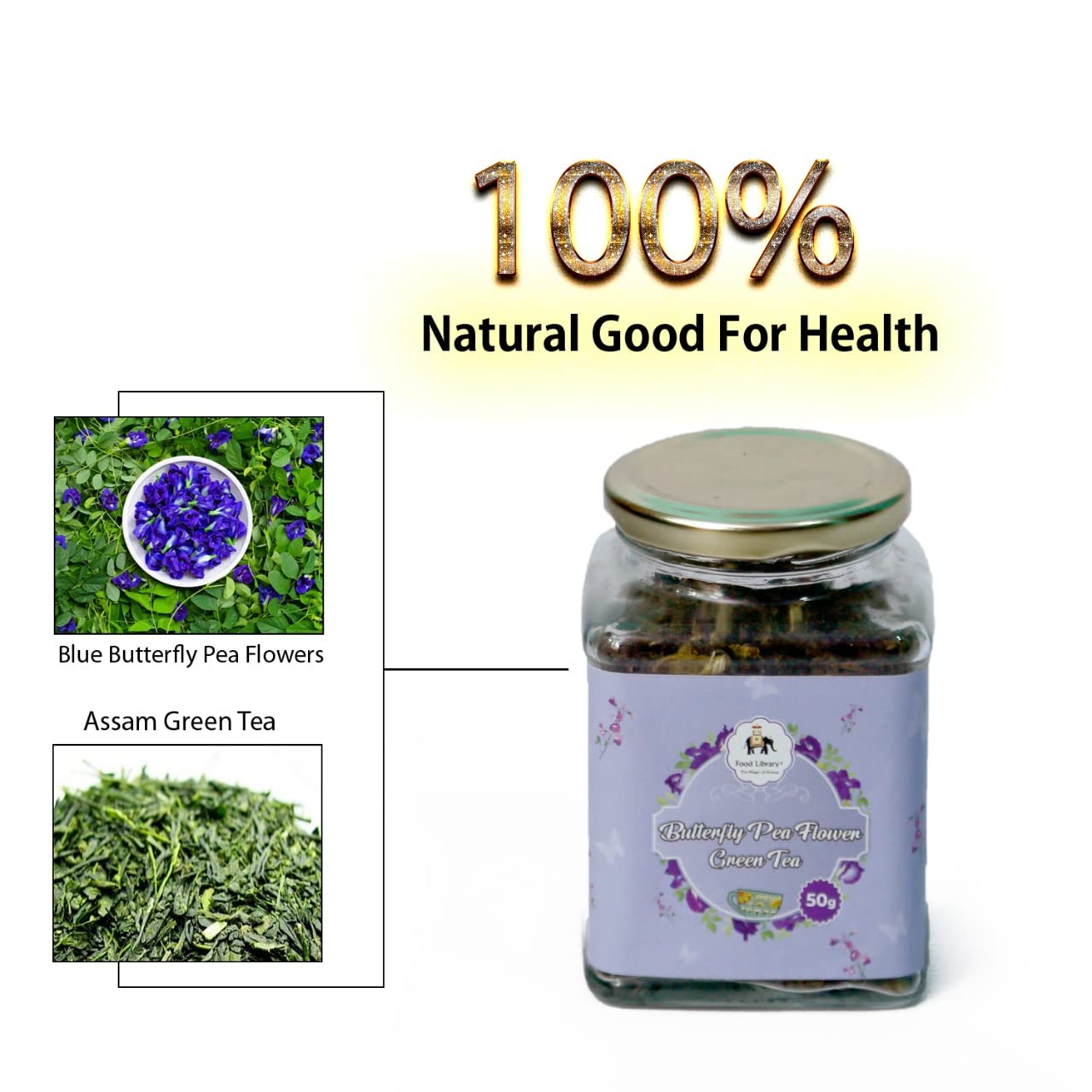 Food Library The Magic of Nature Butterfly Blue Pea Flower Green Tea, 50g