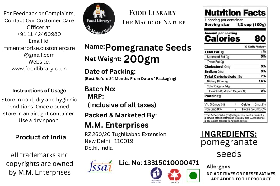 FOOD LIBRARY THE MAGIC OF NATURE Dried Pomegranate Seeds - Anardana (200Gram)