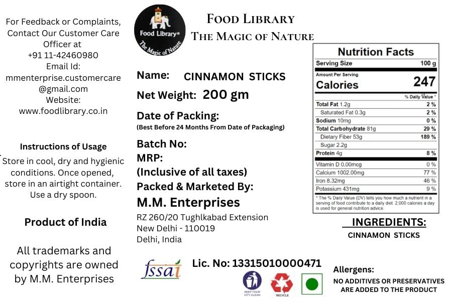 Food Library The Magic of Nature Sri Lankan Cinnamon (Dalchini) Sticks, 200g