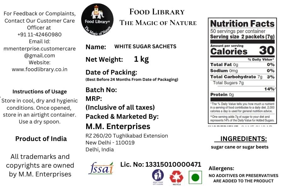 Food Library The Magic Of Nature Superfine White Sugar Sachets, 5g, (400 Count)