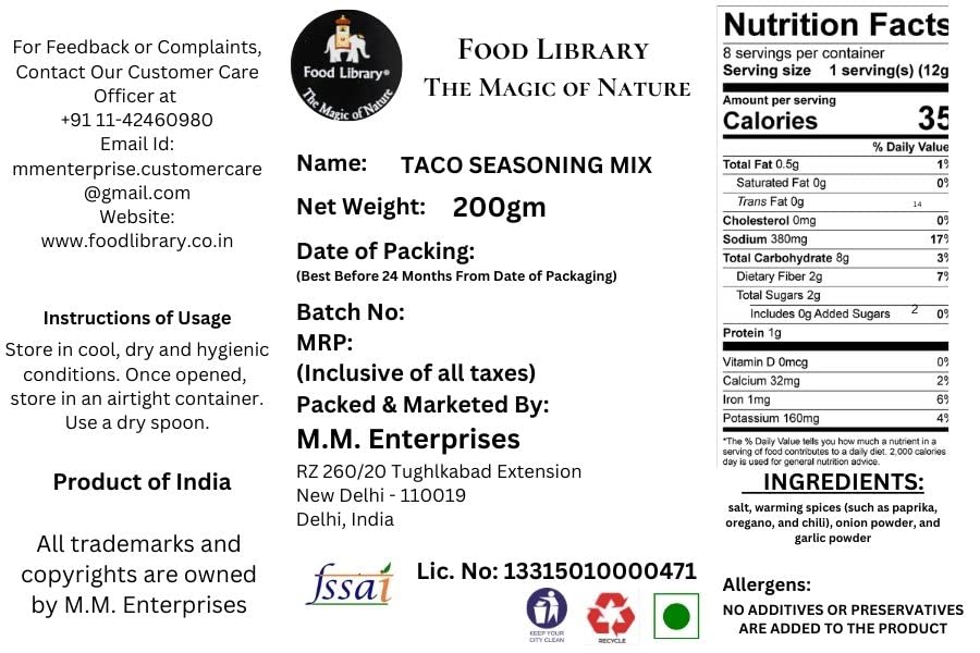 Food Library The Magic Of Nature World Flavours | Epicurean Spices | Global Seasonings | International Spices. (200gm, Mexican Taco Seasoning Mix)