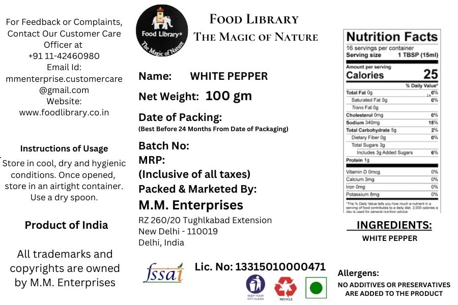 Food Library The Magic of Nature White Pepper Powder Sprinkler, 100g