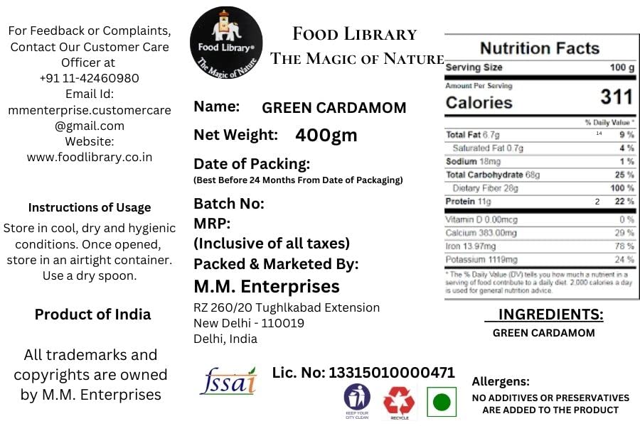 Food Library The Magic of Nature Whole Green Cardamom ( Kerala Elaichi ), 400 Grams