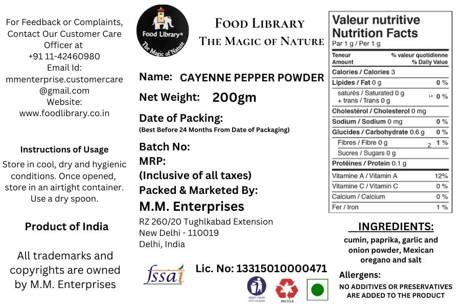Food Library The Magic Of Nature World Flavours | Epicurean Spices | Global Seasonings | International Spices. (200gm, Cayenne Pepper Powder)