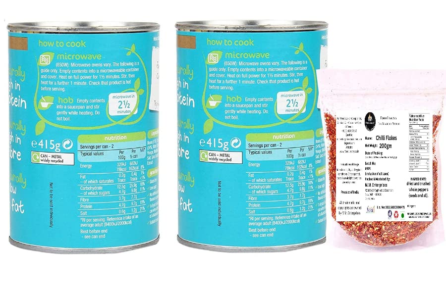 Combo of Baked Beanz, 415 gm (Imported) - Pack of 2 + Food Library Chilly Flakes 100gm