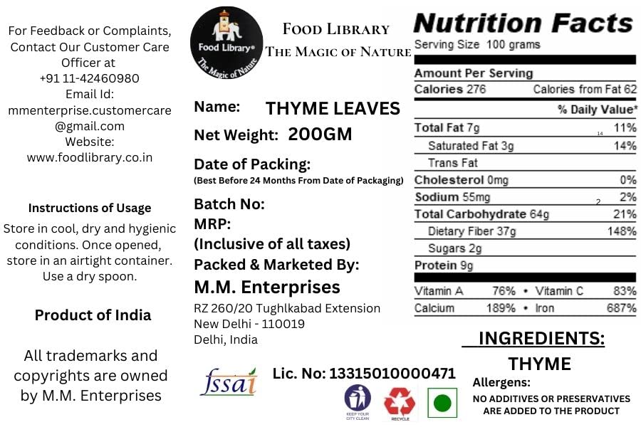FOOD LIBRARY THE MAGIC OF NATURE Dried Thyme Leaves (200 Gram)