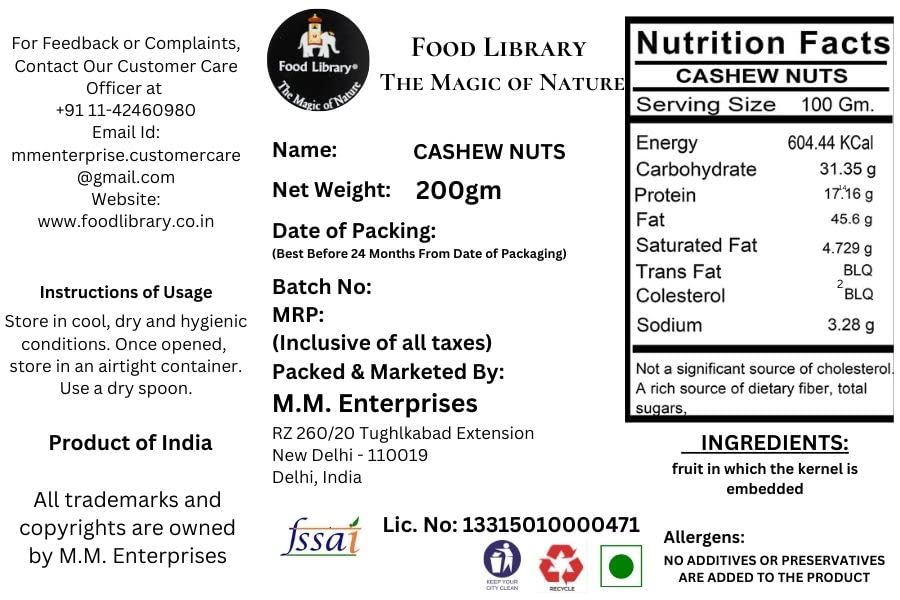 Food Library Cashew Nuts - Kaju (200 g)