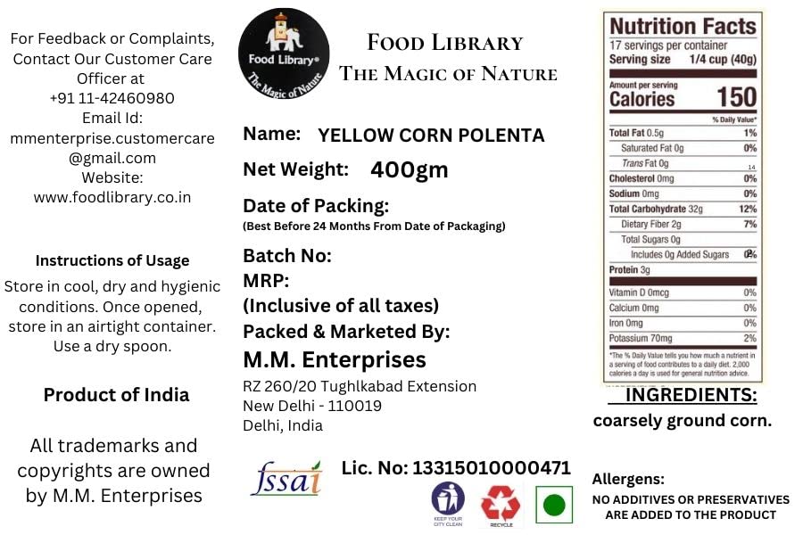 Food Library Yellow Corn Polenta, 400g