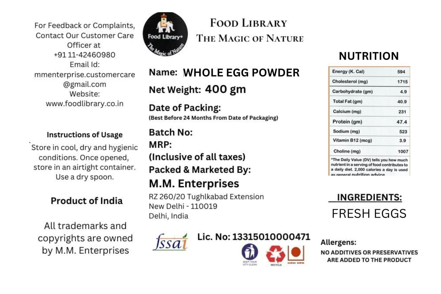 Food Library The Magic Of Nature Premium Whole Egg Powder - Natural, Pure, and Versatile Cooking Ingredient, 400gm