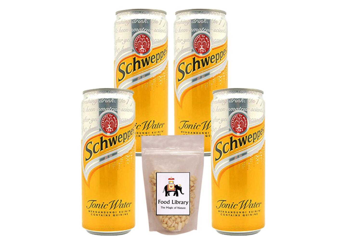 FOOD LIBRARY THE MAGIC OF NATURE Schweppes Tonic Water Can(Imported)320Ml,Pack Of 4 + Food Library Roasted Salted Peanuts,200G
