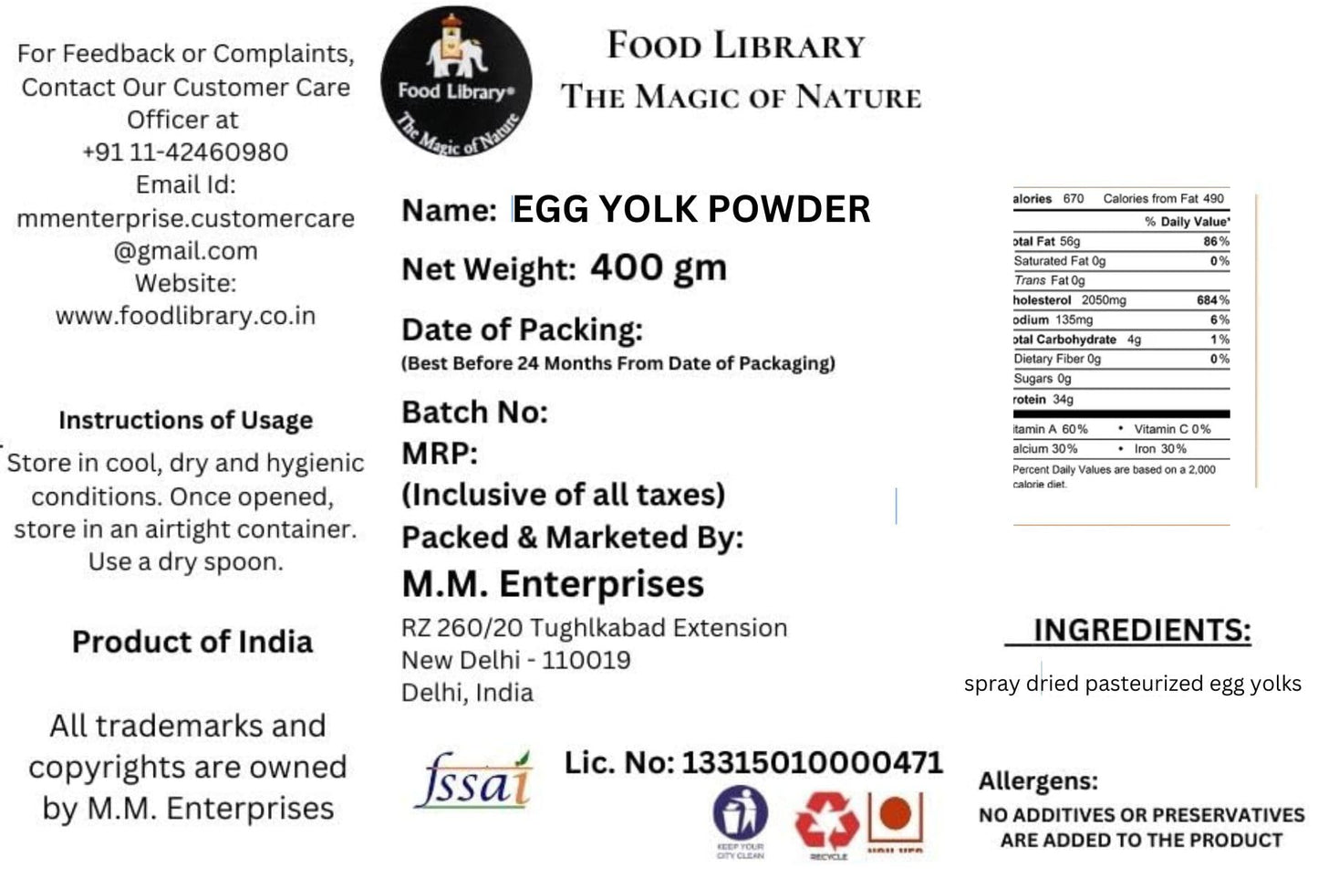 Food Library The Magic Of Nature Premium Egg Yolk Powder - Rich, Natural, and Versatile Cooking Ingredient, 100% Pure, 400gm