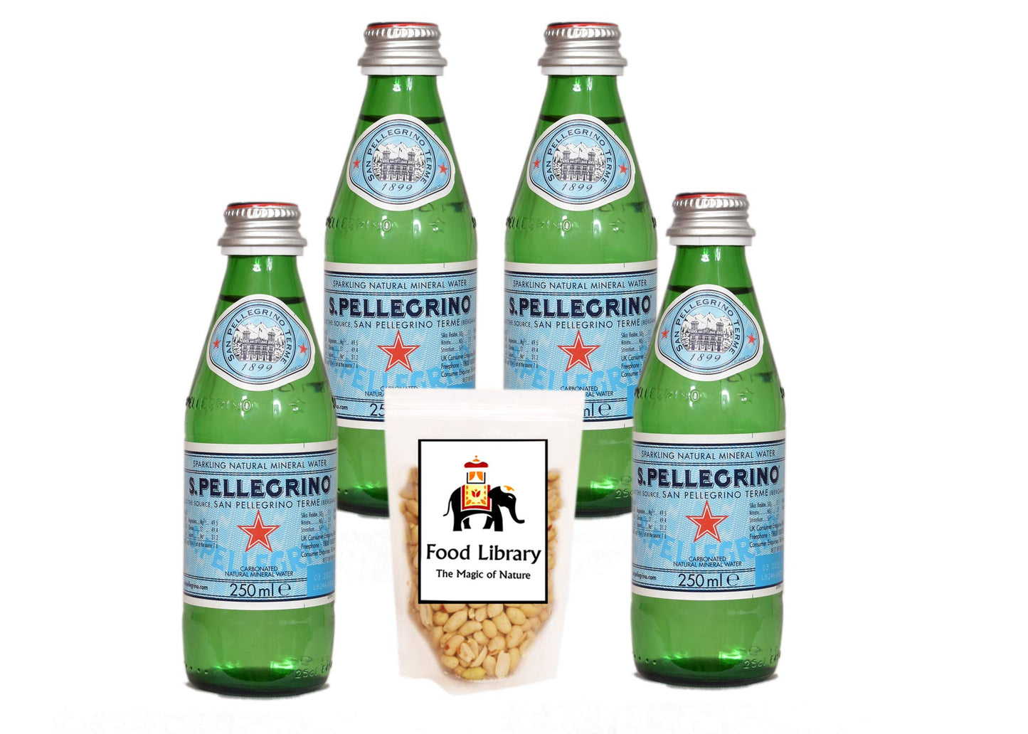 Food Library The Magic of Nature Combo of S.Pellegrino Sparkling Natural Mineral Water - Glass Bottle, 250ml (Pack of 4) & Free Salted Peanuts, 200g