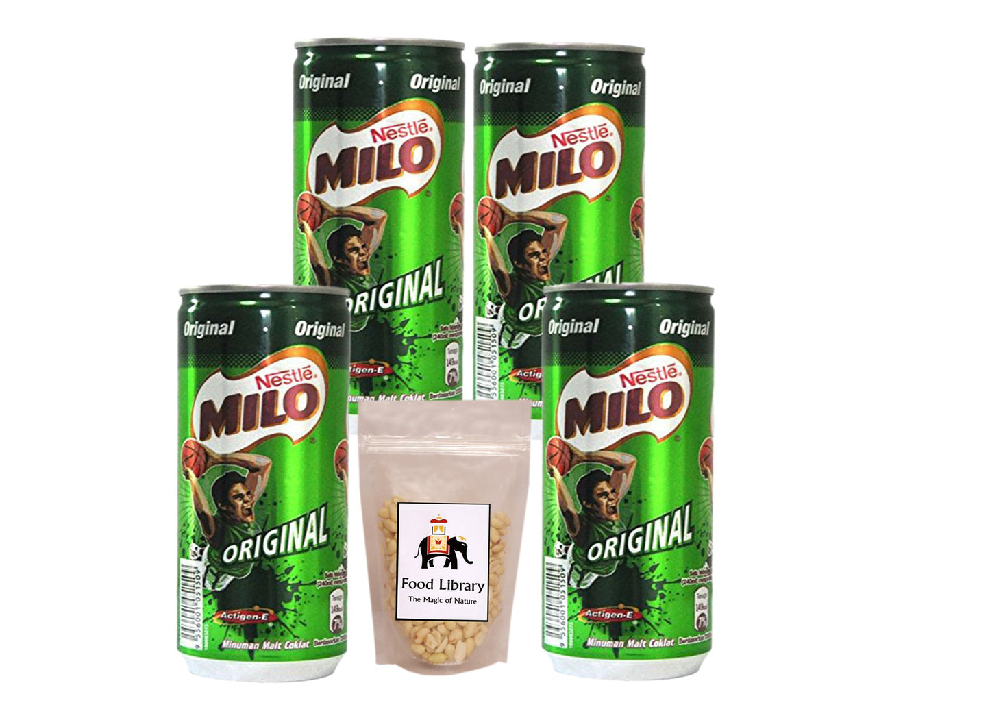 Nestle Milo Original Chocolate Energy Drink Can (Imported), 240ml - Pack of 4 + Food Library Roasted Salted Peanuts, 200g