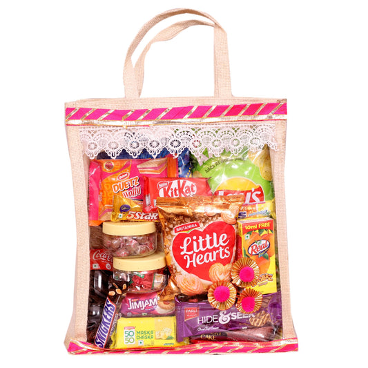Jute Bag with Assorted Chocolates, Candies, Snacks /Festive Snack and Sweets Gift Bag – Assorted Treats & Goodies / Wedding Gift / Welcome Gifts For Guests in Rooms / Travel Food Bag / Picnic Bag For Family / Corporate Travel Gifting .