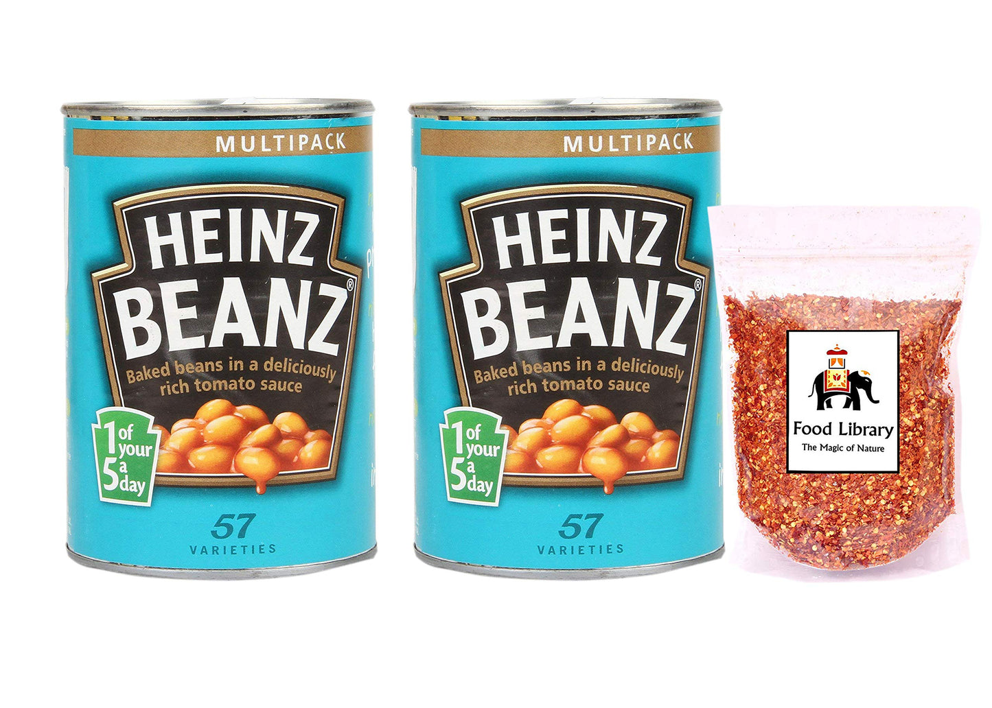 Combo of Baked Beanz, 415 gm (Imported) - Pack of 2 + Food Library Chilly Flakes 100gm