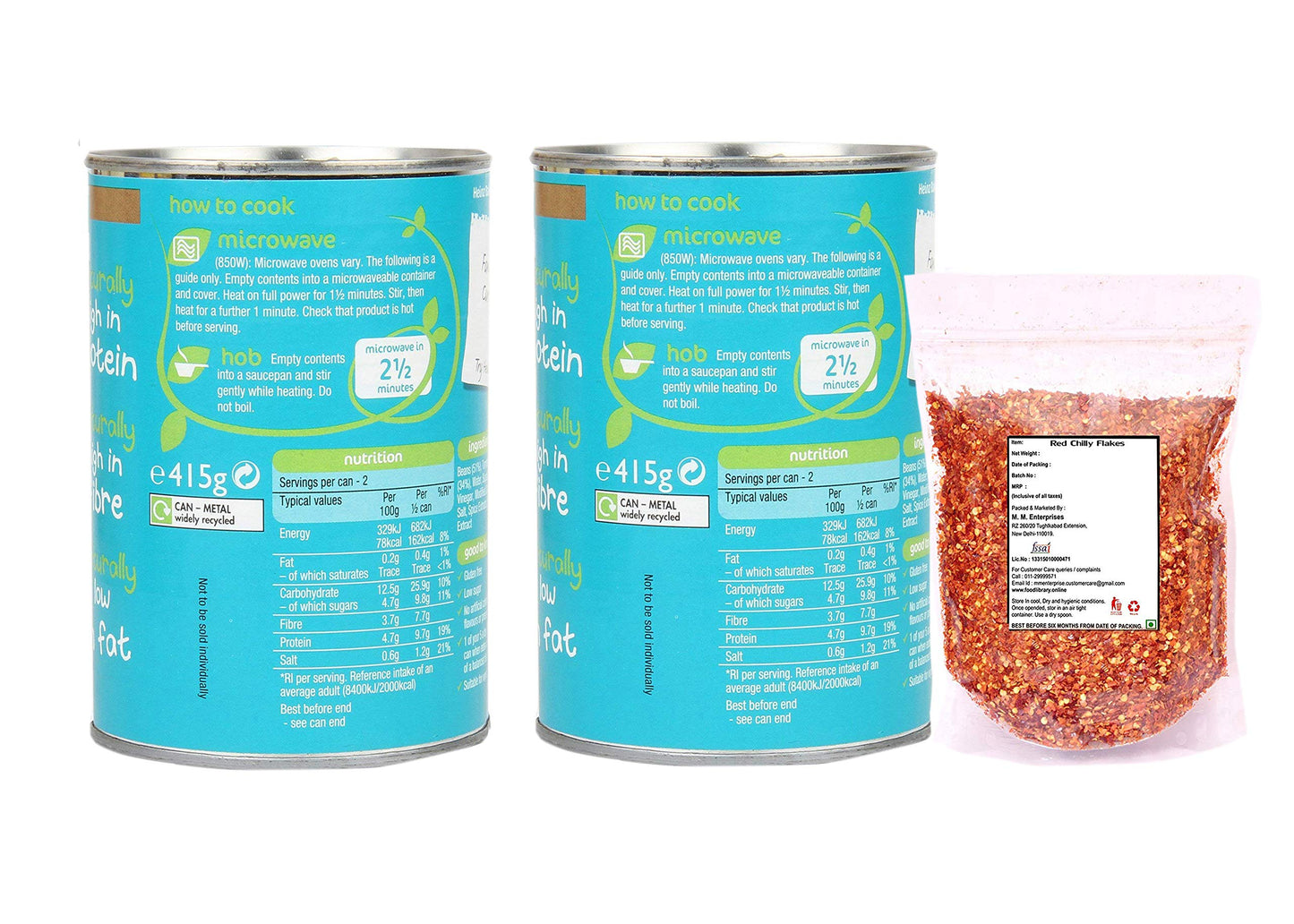 Combo of Baked Beanz, 415 gm (Imported) - Pack of 2 + Food Library Chilly Flakes 100gm
