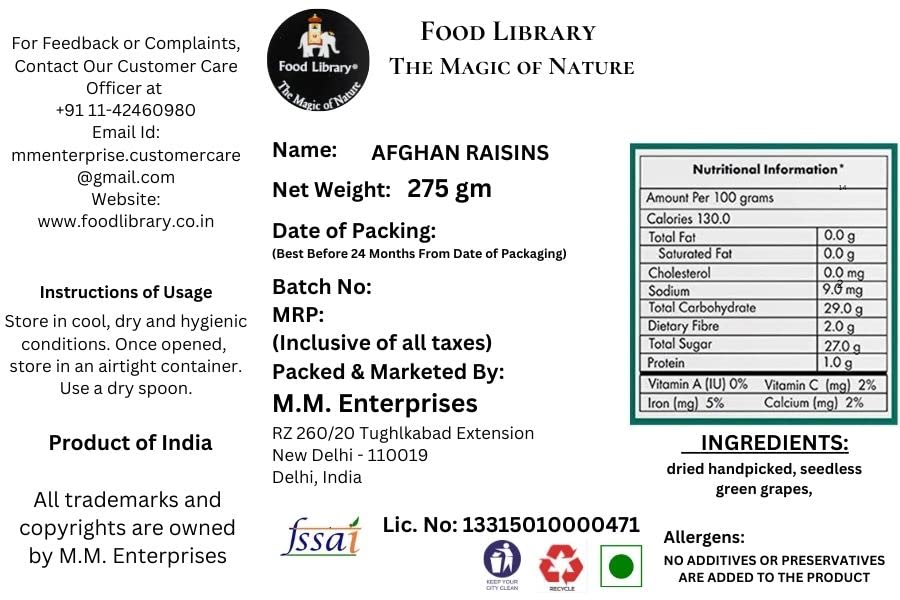 Food Library The Magic of Nature Afghan Raisins/ Munnaka, 275g