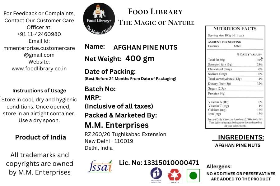 Food Library The Magic of Nature Afghan Pine Nuts (Chilgoza) with Shell, 400g