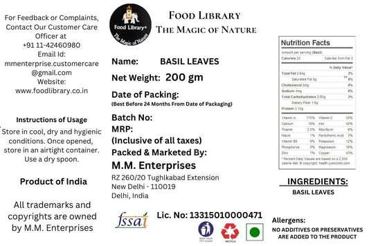 Food Library The Magic of Nature Dried Basil Leaves, 200g