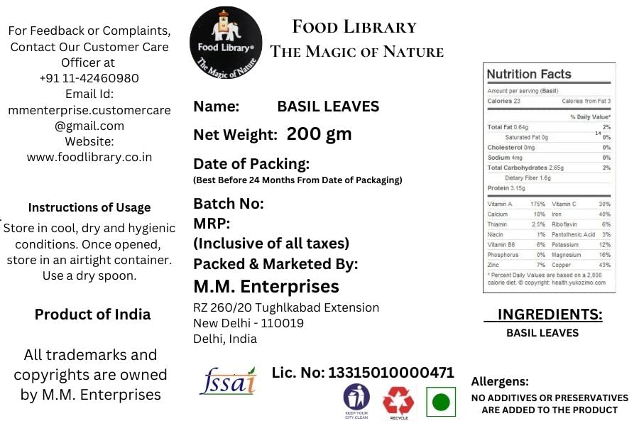 Food Library The Magic of Nature Dried Basil Leaves, 200g