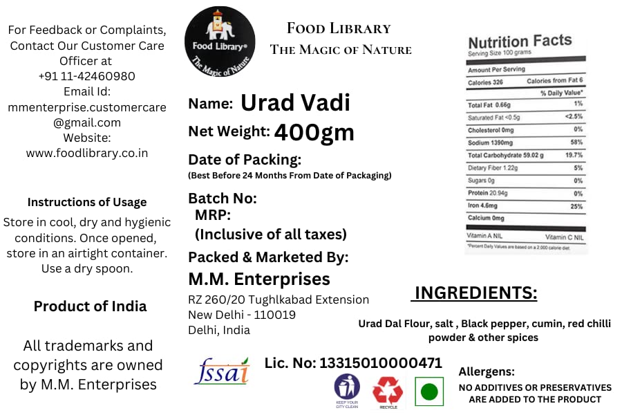 FOOD LIBRARY THE MAGIC OF NATURE Amritsari Urad Wadi - 400 Gm