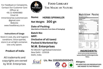 FOOD LIBRARY THE MAGIC OF NATURE Combo Of Dried Lemon Grass, Chilli Flakes, Oregano, Basil, Parsley, Rosemary & Thyme Seasoning/Herbs Sprinkler, - 300 Gram