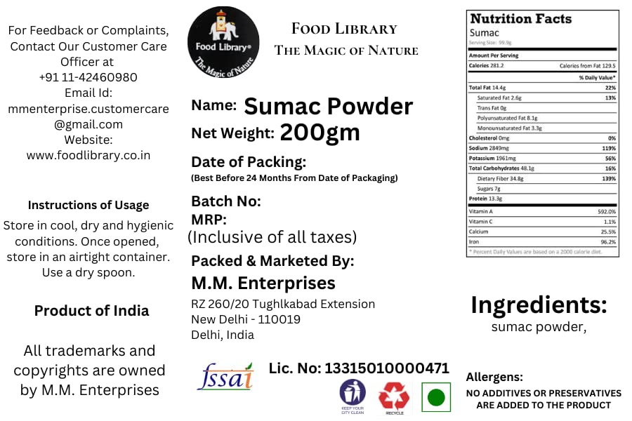 Food Library The Magic Of Nature World Flavours | Epicurean Spices | Global Seasonings | International Spices. (200gm, Sumac Berries Powder)