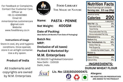 Food Library The Magic of Nature Gluten Free Pasta, 400gm. (400gm, Penne)