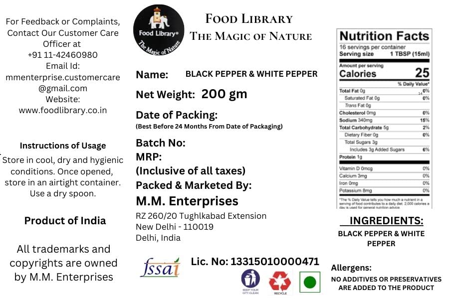 Food Library The Magic of Nature Combo of Black Pepper & White Pepper Powder Sprinkler, 100g Each