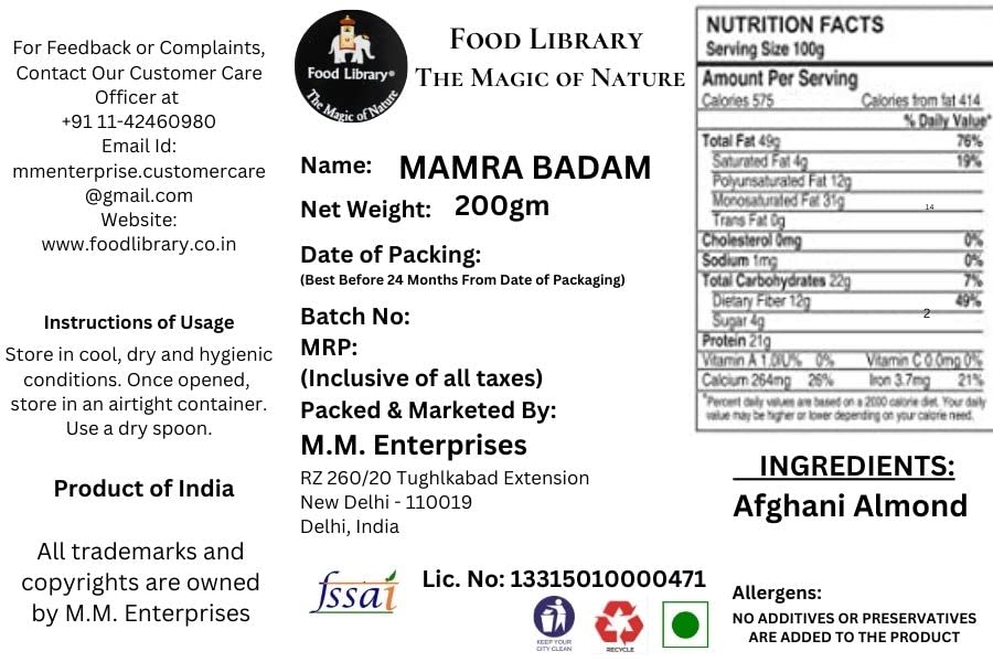 Food Library Almond (Mamra Badam) (200 g)