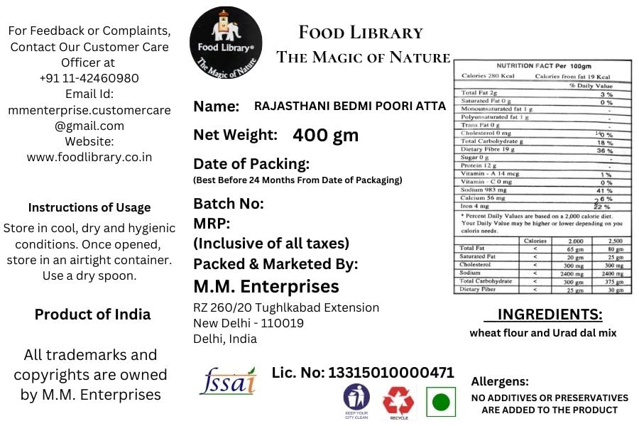 FOOD LIBRARY THE MAGIC OF NATURE Rajasthani Bedmi Poori Atta (Flour), 400 Grams