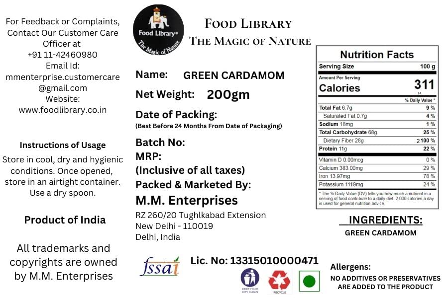 Food Library The Magic of Nature Whole Green Cardamom ( Kerala Elaichi ), 200 Grams