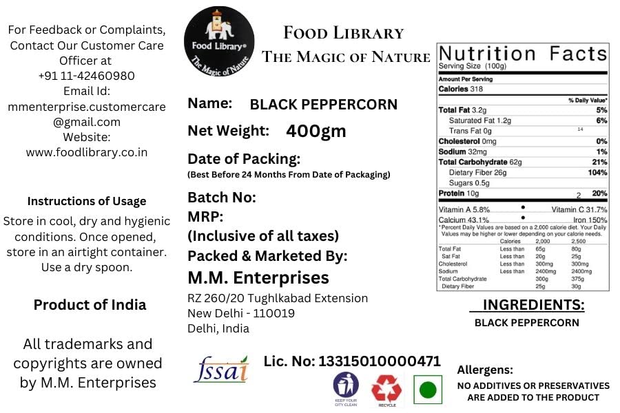 Food Library The Magic of Nature Kerala Whole Black Peppercorn (Sabut Kali Mirch), 400 Grams