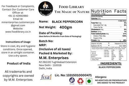 Food Library The Magic of Nature Kerala Whole Black Peppercorn (Sabut Kali Mirch), 400 Grams